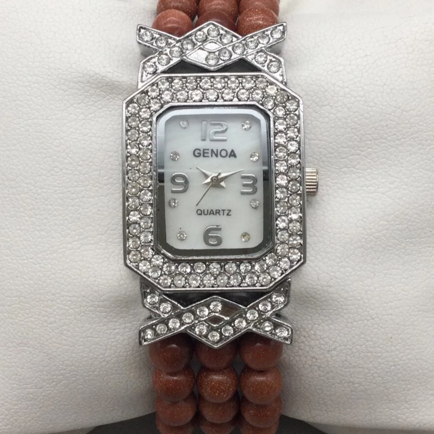Vtg Genoa Watch Women 24mm Silver Tone MOP Brown Beaded Band New Battery 6.75" - Image 1 of 4
