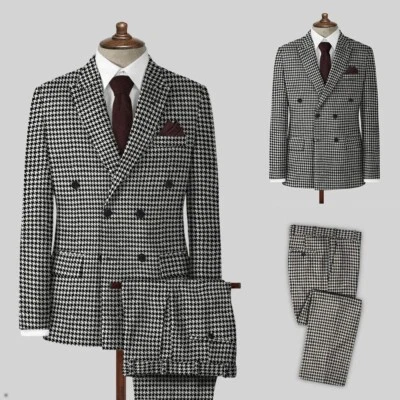 Hombres Gris Doble Pecho Traje Pata de Gallo Esmoquin Muesca Solapa Boda Personalizado Foto 1 de 4