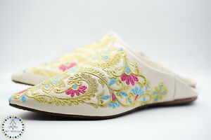 Moroccan Embroidered Slippers Gold Silver Babouche Pattern Shoes Handmade Stitch