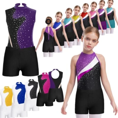 UK Girls Ballet Dance Shiny Sleeveless Gymnastic Leotard with Shorts Hair Band - Image 1 of 4