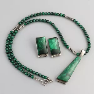 Vintage Martha Richter Peruvian Malachite Sterling SIlver Necklace Earrings Set - Bild 1 von 12