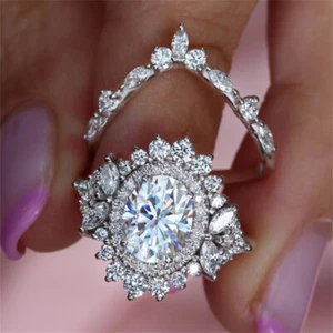 Juego de 2 anillos para mujer de lujo enchapados en plata circonita cúbica joyería talla 6-10 - Imagen 1 de 7