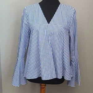 Zara Blue Checkered Long Bell sleeve V Neck Blouse Size 8 - Picture 1 of 6