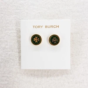 Tory Burch Kira Enamel Circle Stud Earrings Green/Tory Gold OS - Picture 1 of 12