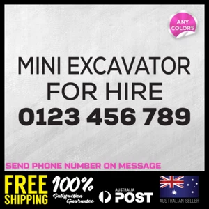 Custom Mini Excavator For Hire Phone Number Decals Stickers 295x118mm - Picture 1 of 2
