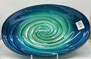 Blue Teal Glass Luster Floral Decorative Oval Serving Bowl Luster 13" Italy New - Picture 1 of 4