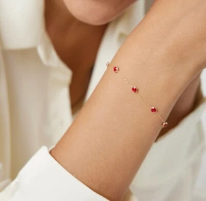 Ruby Bracelet, 14K Solid Yellow Gold Ruby Bracelet, Beaded Station Ruby Bracelet - Picture 1 of 3