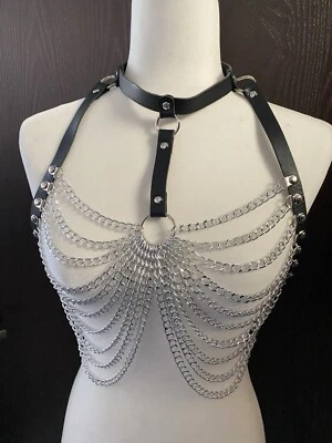 Punk Layered Body Chain Black Leather Bra Caged Harness Choker Bra Chains Gothic - Image 1 of 4