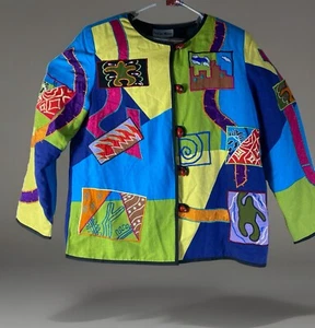 Indigo Moon Patchwork Jacket Women Small Flax Blend Beaded Button Art Retro Boho - Picture 1 of 16