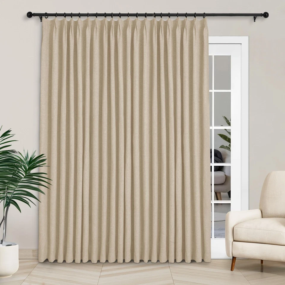 Extra Wide 100% Blackout Linen Curtains for Sliding Door Pleated Curtains wit... - Image 1 of 4
