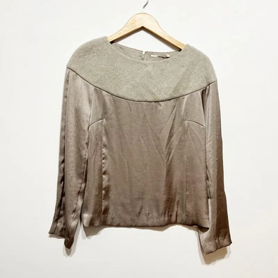 NEW J Brand Felt Textured Wool Satin Contrast Mixed Media Panel Blouse Gray Dove - Image 1 of 4