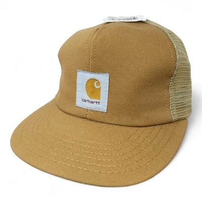 NOS Vtg 1980s Carhartt Spell Out Logo Canvas Brown Trucker Hat Mesh Snapback USA - Image 1 of 4