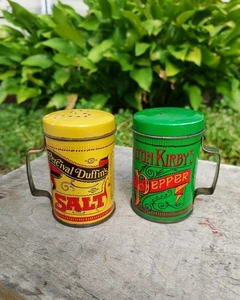 Elton Kirbys Pepper & Percival Duffins Salt Vintage Tin Can Shakers 4 Inch - Picture 1 of 10