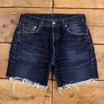 Vintage Levi's Denim Shorts 32 Levis 501 Raw Hem Jorts Dark Wash Bermuda Blue - Image 1 of 4