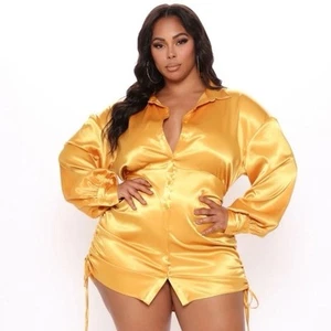 Fashion Nova Women's Standard XL Yellow Mini Shirt Dress Party Long Sleeve - Picture 1 of 5