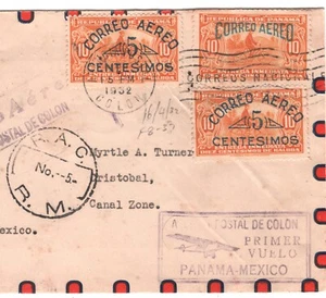 PANAMA Air Mail Cover FIRST FLIGHT MEXICO Colon Canal Zone Cristobal 1932 XT4 - Picture 1 of 16
