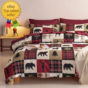- Rustic Comforter Set, Cabin Christmas Lodge Western Country Bear Deer Moose Wo - Picture 1 of 12