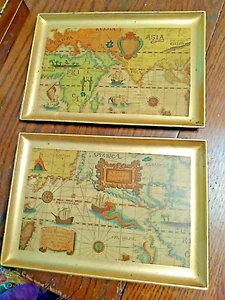 Vintage Japanese  Mapped Lacquered trays 7.5 X 5 - Picture 1 of 7