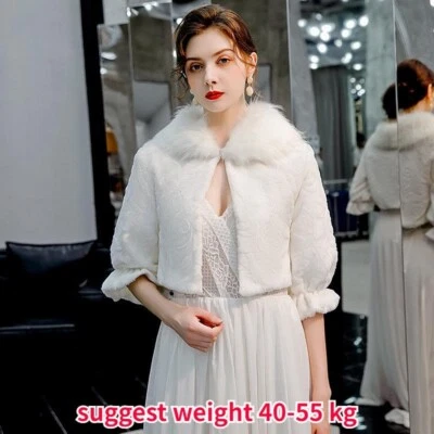 Women Faux Fur Bolero Shrug Cropped Jacket Jacquard Wrap Shawl Wedding Cape - Image 1 of 4
