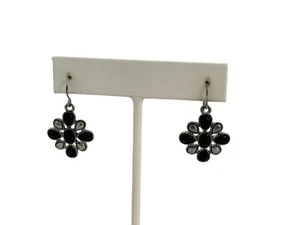 Vintage Chaps Earrings Black Silver Tone Dangle Drop Flower Shape 1.25" - Picture 1 of 6