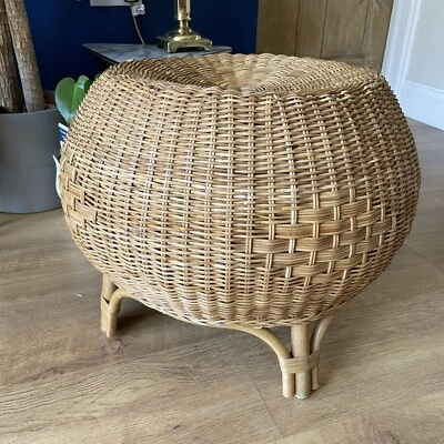 Vintage Rattan Woven Wicker Stool Pouffe with Bamboo Legs Boho Tiki - Image 1 of 4