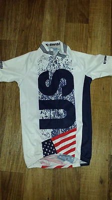 Camiseta deportiva de ciclismo K-Swiss USA Kwick Dri blanca roja azul manga corta para mujer pequeña Foto 1 de 2