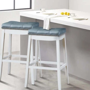 NNECW Backless Nailhead Bar Stool with Natural Rubber Wood Legs for Dining Room- - Picture 1 of 11