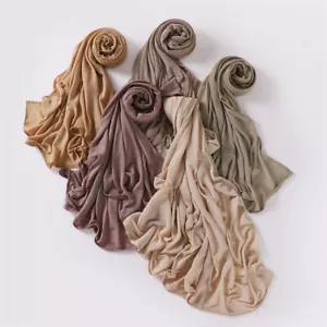 Women's Scarf Solid Elastic Wrinkled Jersey Head Scarf Pleated Long Hijab Soft - Picture 1 of 35
