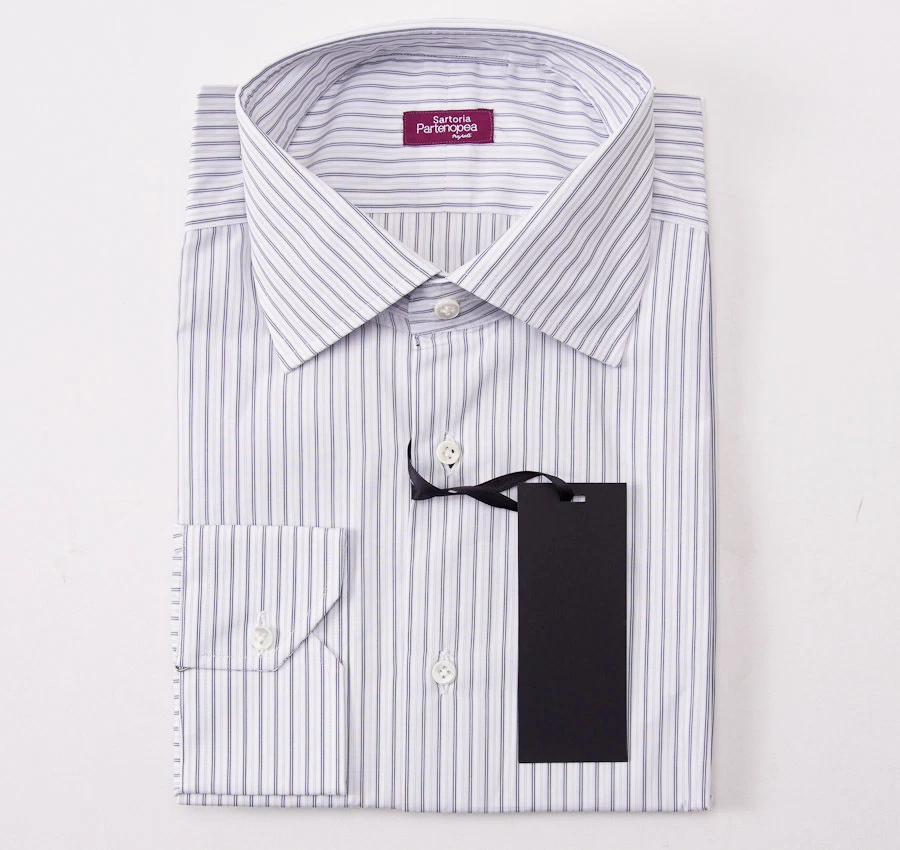 Новый с Ярлыками $375 SARTORIA PARTENOPEA серый бледно-синий полоски хлопковая рубашка тонкий 16 x 35 - Изображение 1 из 3