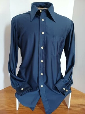 Camisa Hippie De Colección Años 70 "Manhattan Qiana" Azul Marino Mod Cuello L/S Foto 1 de 4