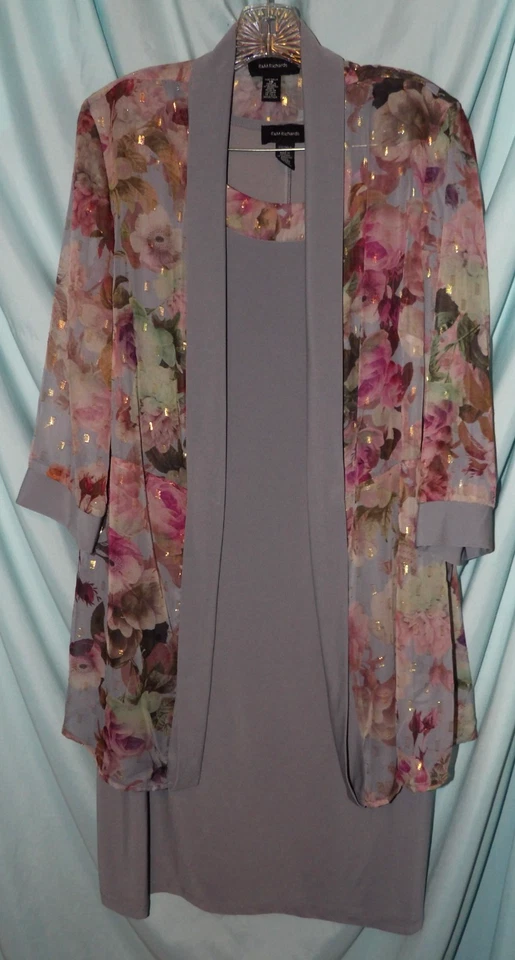 Conjunto de Vestido R&M Richards Gris Floral Cuello Redondo Sin Mangas Midi Talla 18 Foto 1 de 4