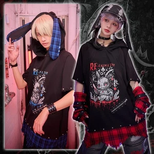 Kawaii punk pastel grunge rabbit massacre asymmetric hem sleevelet hoodie JJ2541 - Picture 1 of 10
