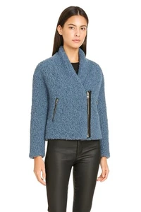 IRO Daney Blue Bouclé Teddy Moto Jacket Lambskin Leather Trim Parisian XS Chic - Picture 1 of 13