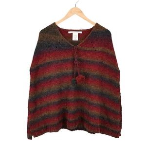 Max Studio Striped Alpaca Mohair Lagenlook Shawl Poncho Red Olive One Size - Picture 1 of 9