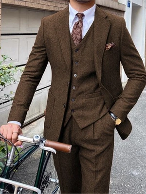 ANSHUHAI Hombres 3 Piezas Traje Tweed Espiga Boda Formal Traje Blazer + Chaleco + Pantalones Foto 1 de 4