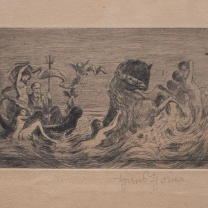 Hans Thoma Triton Nymphen Frauenakt Mythologie Symbolismus signiert Radierung - Bild 1 von 4