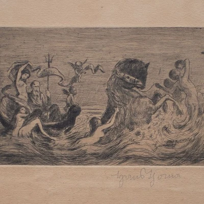 Hans Thoma Triton Nymphen Frauenakt Mythologie Symbolismus signiert Radierung - Bild 1 von 4