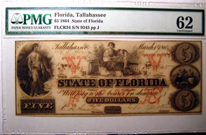 1864 $5 STATE OF FLORIDA, TALLAHASSEE OBSOLETE BANK NOTE PMG CERTIFIED UNCIRC.62 - Picture 1 of 3