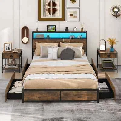 COSTWAY King Size Bed Frame Metal Platform Bed Industrial LED Bed Frame