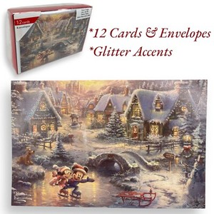 Disney Thomas Kinkade Christmas Holiday Cards Mickey & Minnie Mouse 12-PACK NOB