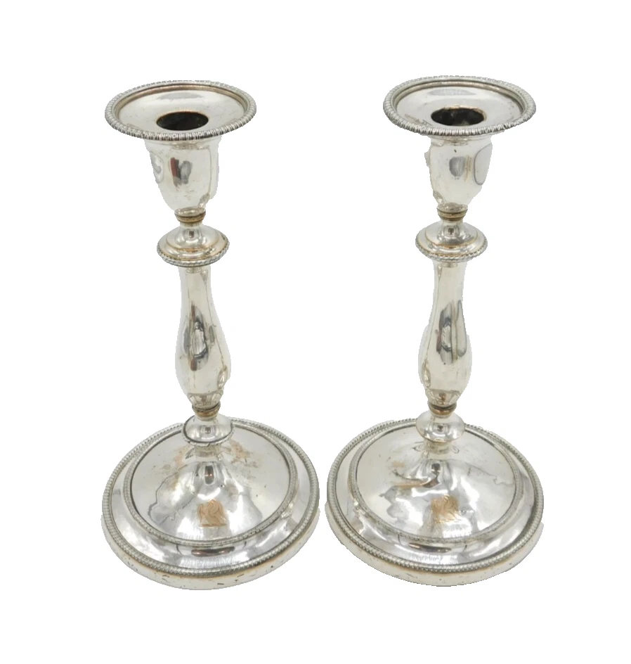 Par de castiçais antigos folheados a prata George III Sheffield c1820 - Imagem 1 de 4