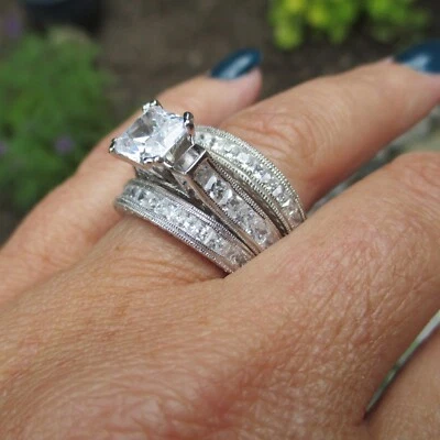 Wedding Set 14K White Gold Princess Cut Created Diamond Bridal Engagement Rings - Image 1 of 4