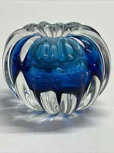 Vcagco Glass Pumpkin Paperweight Ribbed Clear Glass with Cobalt Blue Center - Picture 1 of 11