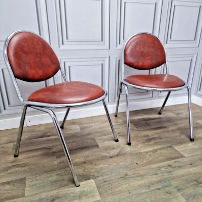 Pair 2 Vintage Chairs NESS Chrome Tube Stacking Faux Leather - Retro Mid-Century - Image 1 of 4