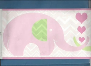* WALLPAPER BORDER PINK GREEN ELEPHANTS KIDS BABY GIRLS NURSERY HEARTS - Picture 1 of 5