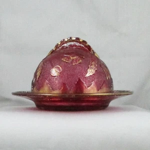 EAPG US GLASS #15065 MANCHA DE RUBÍ DELAWARE CON MANTEQUILLA DE VIDRIO DORADO CON TAPA - Imagen 1 de 7