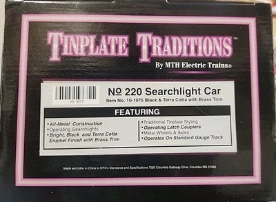 MTH Standard Tinplate Black & Terra Cotta w/Brass 220 Searchlight Car 10-1075 - Image 1 of 4