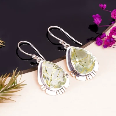 Golden Rutilated Quartz 925 Sterling Silver Earring, Christmas Gift, E14437 - Image 1 of 4