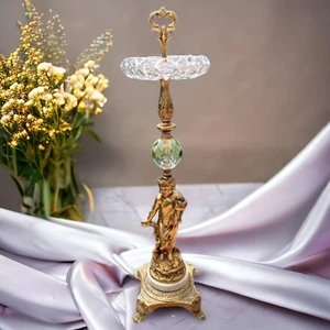 Crystal 30" Floor Ashtray Solid Bronze Cherub Marble Base Wedding Centerpiece - Picture 1 of 21