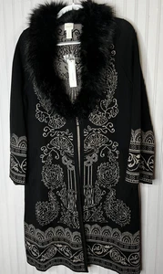 Chico's Maglione Giacca Donna 2 Nero Metallizzato Jacquard Collo Pelliccia Ecopelliccia - Foto 1 di 15